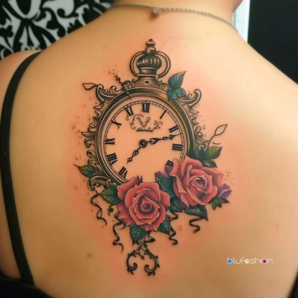 Tatouage d'épaule orné représentant une horloge vintage avec des roses dans des tons chauds.