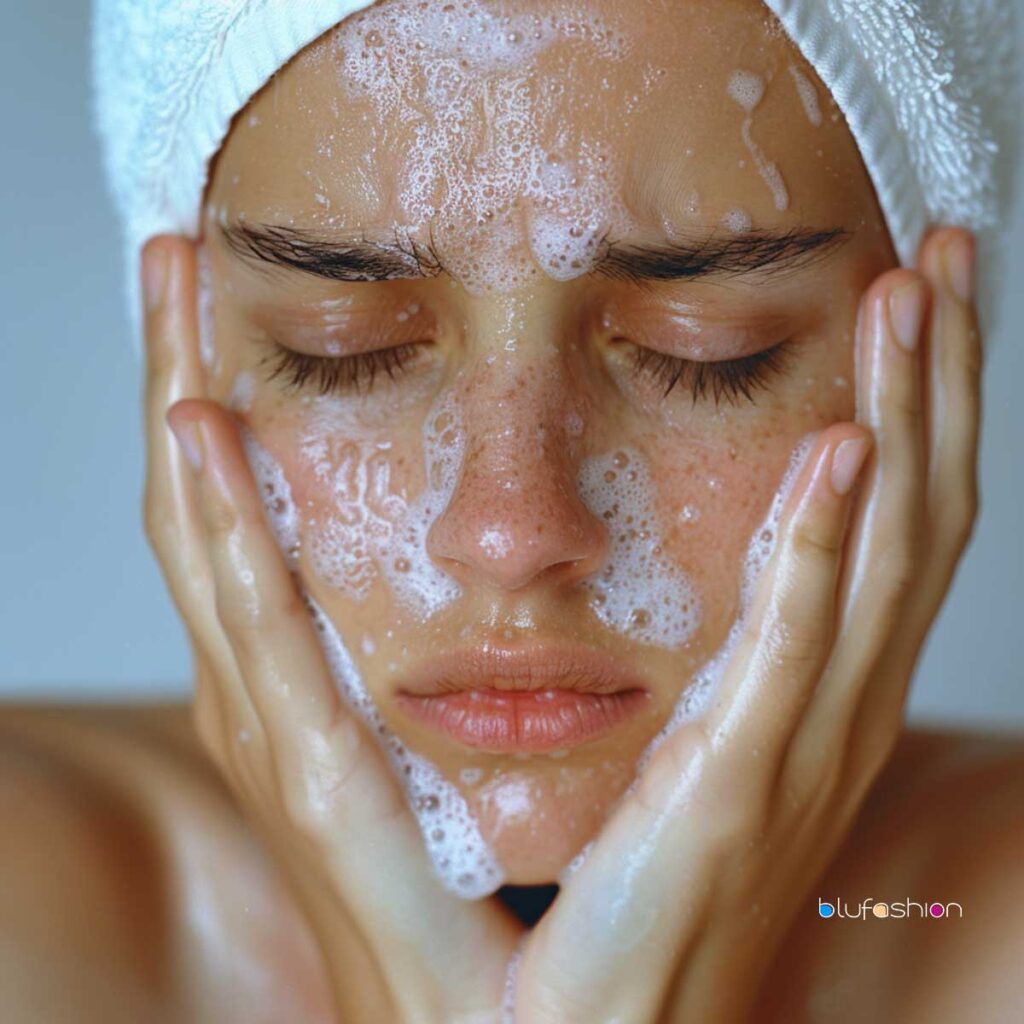 Attendez les soins du visage et le lavage agressif du visage