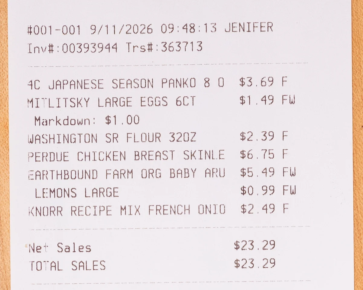 Reçu d'épicerie pour les ingrédients de l'escalope de poulet